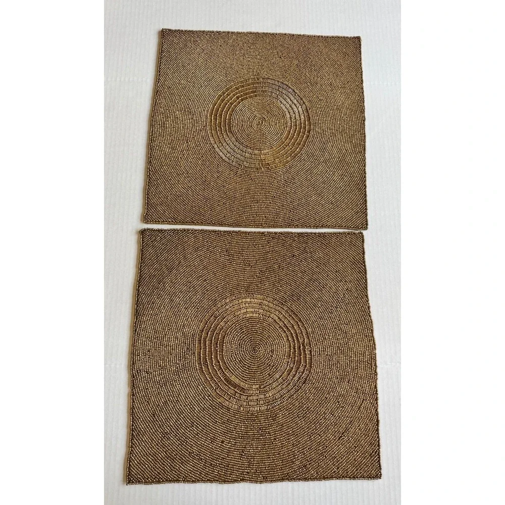 Pier 1 Imports Heavily Beaded Square 15 x 15 Placemats Champagne Gold Set Of 2